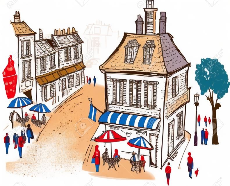 ilustración de la escena de calle del pueblo francés