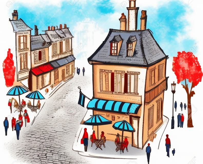 ilustración de la escena de calle del pueblo francés
