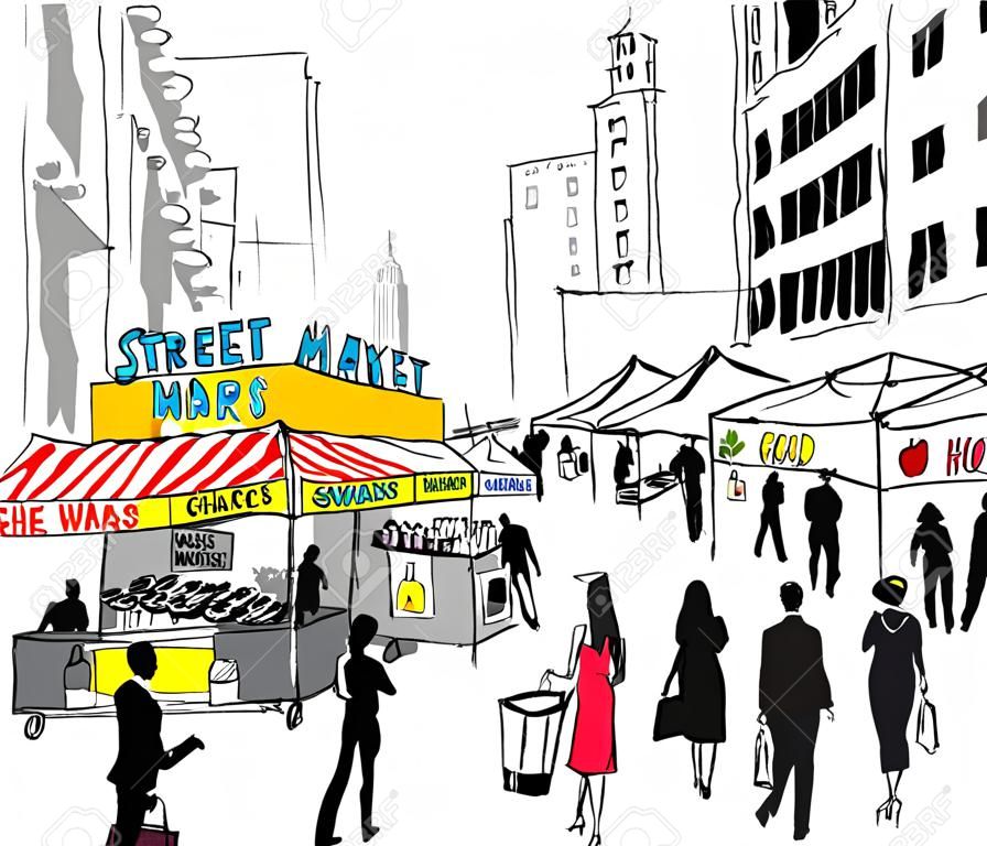 Vector illustratie van straatmarkt, New York.