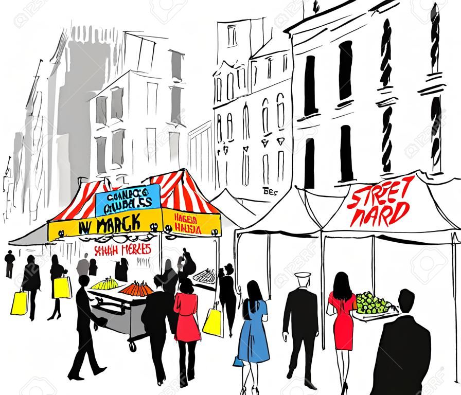 Ilustración vectorial de mercado de la calle, Nueva York.