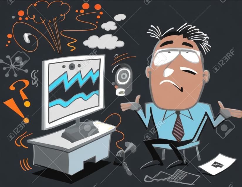 Vector cartoon de l'homme en colère contre l'ordinateur défectueux