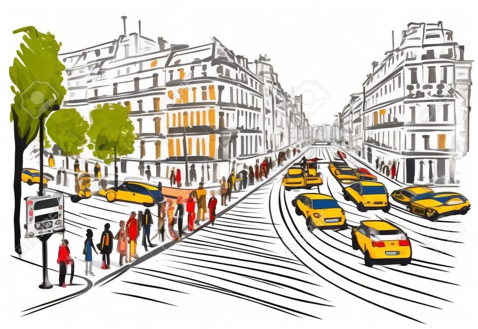 Illustration des piétons traversant la route, Champs Elysées, Paris France