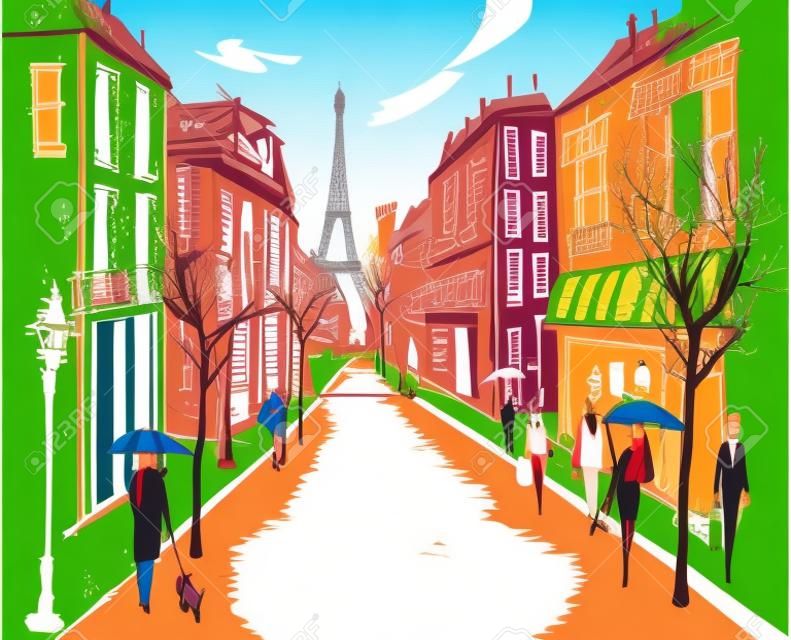 Vector illustratie van oude Franse stad straat met voetgangers en bomen