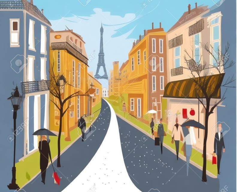 法国老城区街道行人与树木矢量图