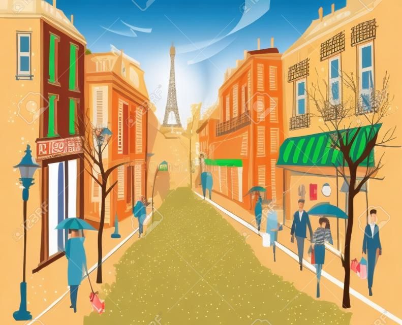 Vector ilustracją starego francuskiego miasta ulicy z pieszymi i drzew