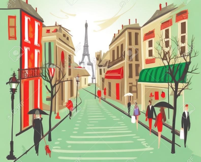 Illustrazione vettoriale di vecchia strada cittadina francese con i pedoni e gli alberi