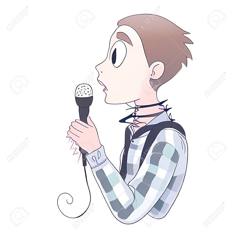Fear of public speaking, glossophobia. Excitement and loss of voice. Young man with microphone and barbed wire on neck. Vector illustration, isolated on white background.