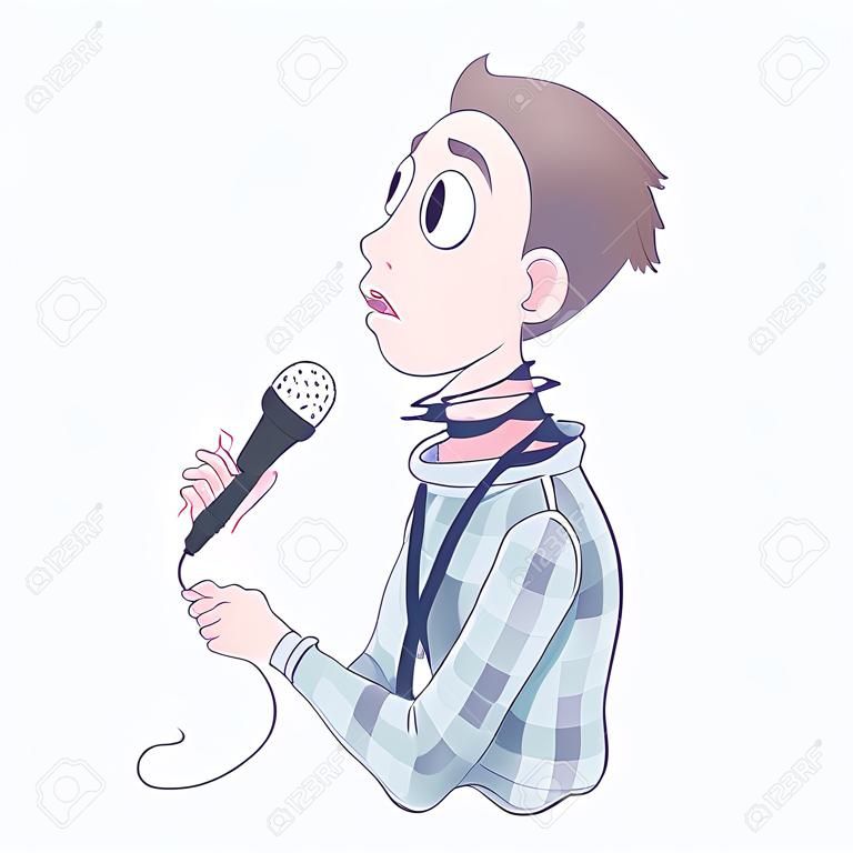 Strach przed wystąpieniami publicznymi, glossophobia. Podekscytowanie i utrata głosu. Młody człowiek z mikrofonem i drutem kolczastym na szyi. Ilustracja wektorowa, na białym tle.