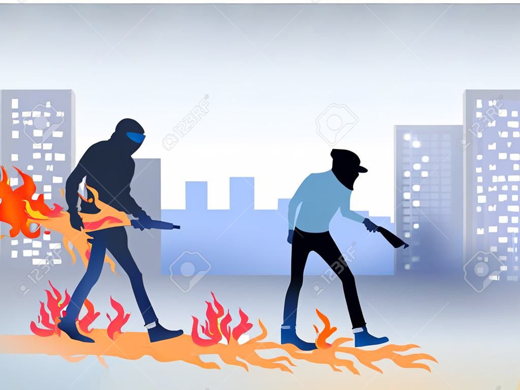 Radical young men with Molotov cocktails on a city street. Riots, street protest. Vector illustration.