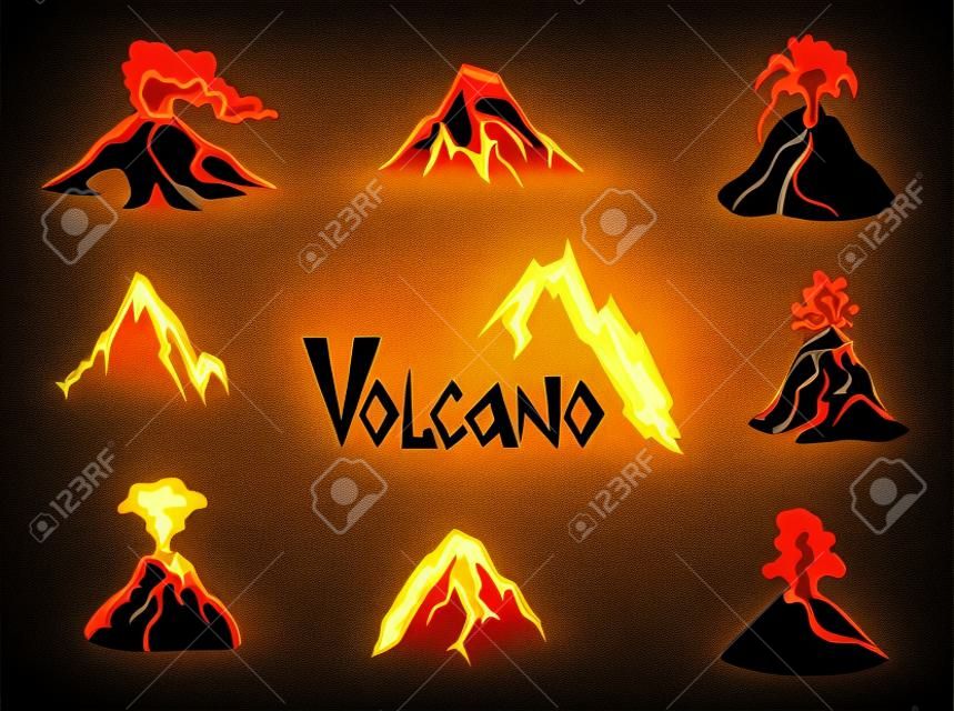 火山のロゴを設定します。火山噴火。ベクトル図では、白い背景で隔離