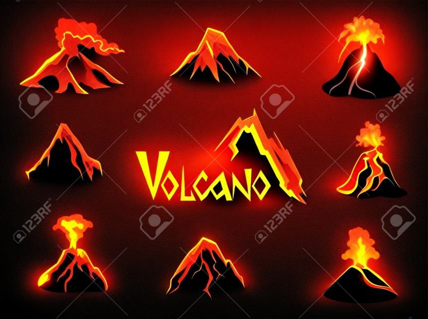 Conjunto de logotipo do vulcão. Erupção vulcânica. Ilustração vetorial, isolado no fundo branco