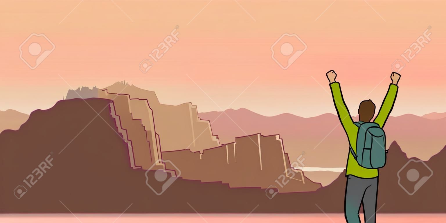 A young happy man, back view of backpacker with raised hands in mountain landscape. Hiker, Explorer. A symbol of success. Vector Illustration with copy space.
