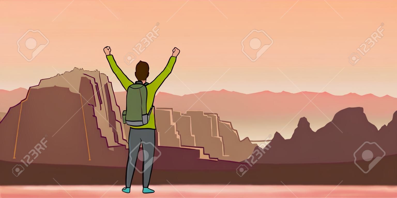 A young happy man, back view of backpacker with raised hands in mountain landscape. Hiker, Explorer. A symbol of success. Vector Illustration with copy space.