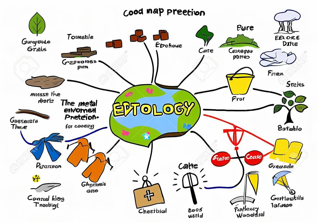 Mapa mental sobre el tema de la ecología y la protección del medio ambiente. Ilustración de vector de mapa mental, aislado sobre fondo blanco.