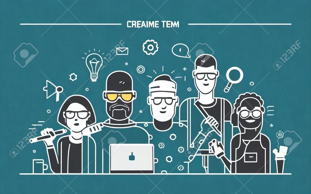 Creative business team concept. Banner with teamwork command. Young designers, girls and guys cv. Lineart flat illustration