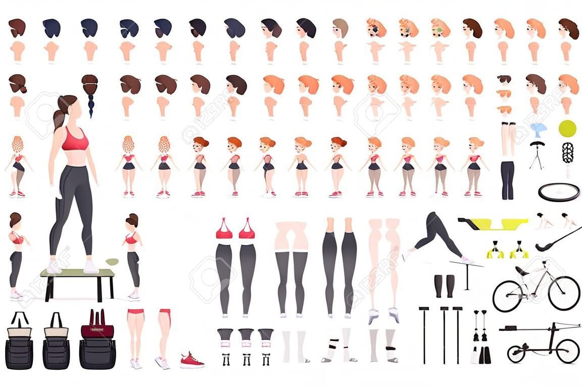 運動女孩角色構造函數。健身女人創作集。不同的姿勢，髮型，臉，腿，手，設備，衣服集合。矢量卡通插畫。正面，側面，背面視圖。