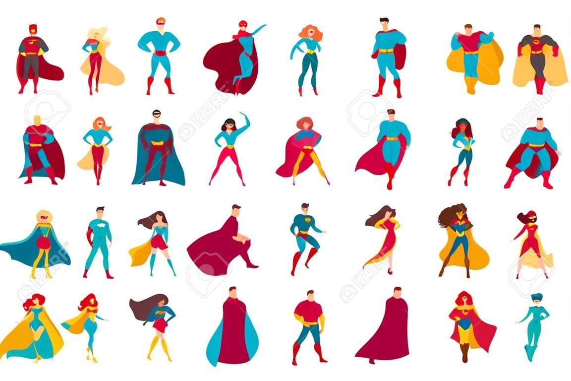 Colección de superhéroes. Paquete de hombres y mujeres con superpoderes. Conjunto de dibujos animados y personajes cómicos masculinos y femeninos con trajes ajustados y capas. Ilustración de vector plano colorido.