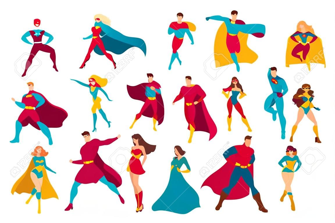 Coleção de super-heróis. Conjunto de homens e mulheres com super poderes. Conjunto de personagens de desenhos animados ou quadrinhos masculinos e femininos usando trajes e capas apertados. Ilustração vetorial plana colorida.