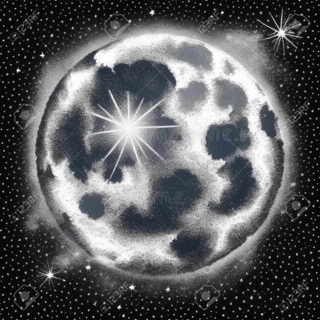 달, 흰색 배경에 고립입니다. 천체, 우주 천체, 위성 또는 행성의 우아한 그림. 현대 도트 작업 스타일에서 그린 흑백 벡터 일러스트 레이 션 손.