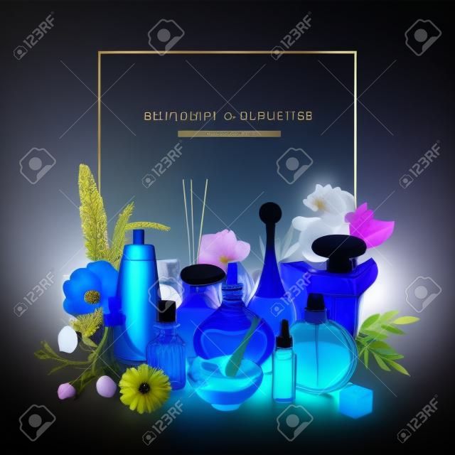 Fundo quadrado com perfume em garrafas decorativas de vidro de várias formas e tamanhos, lindas flores florescentes e lugar para texto em fundo azul escuro.