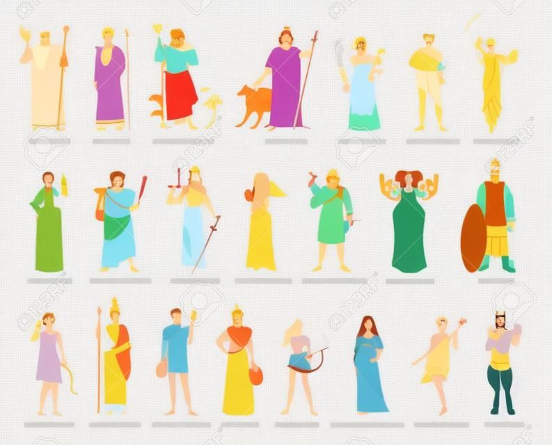 Verzameling goden en godinnen uit de Griekse en Romeinse mythologie, mythologische wezens. Mannelijke en vrouwelijke cartoon karakters geïsoleerd op witte achtergrond. Plat kleurrijke vector illustratie.