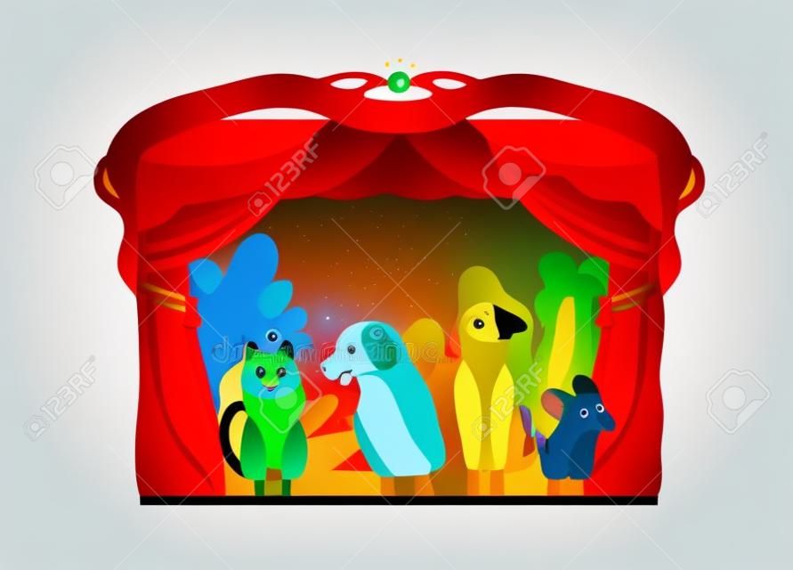 Hand puppets or animals manipulated by puppeteer at theater stage isolated on white background. Entertaining performance and storytelling for children. Flat colorful cartoon vector illustration.