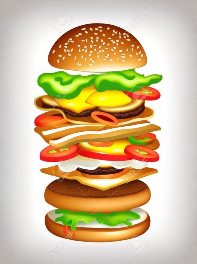 Tasty hamburger with layers or ingredients isolated on white background - buns, fried egg, vegetables, cheese, mushrooms. Realistic drawing of burger or sandwich, fast food meal. Vector illustration.