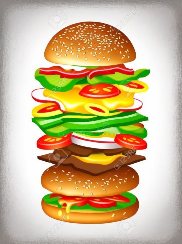 Tasty hamburger with layers or ingredients isolated on white background - buns, fried egg, vegetables, cheese, mushrooms. Realistic drawing of burger or sandwich, fast food meal. Vector illustration.