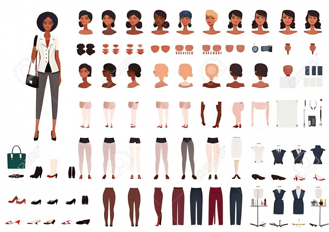 African American woman secretary, manager or office assistant DIY or animation kit. Set of female character body parts and formal clothing isolated on white background. Cartoon vector illustration