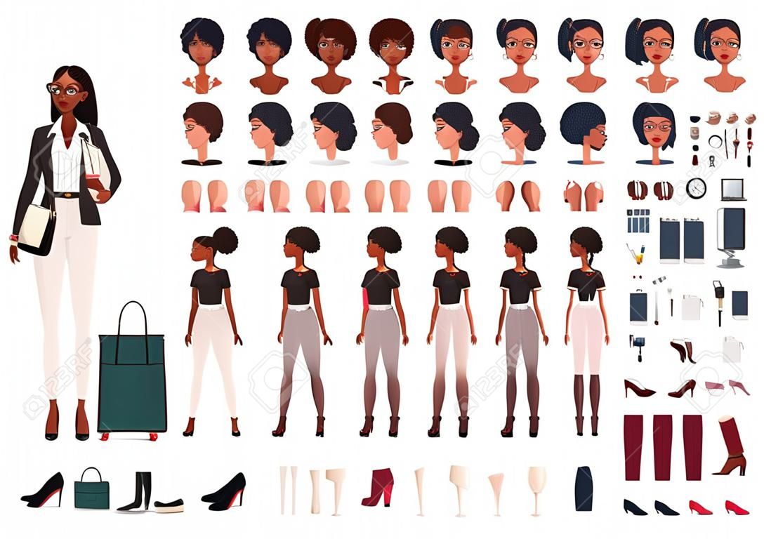 アフリカ系アメリカ人の女性秘書、マネージャーやオフィスアシスタントDIYやアニメーションキット。●白い背景に分離された女性キャラクターの身体部分とフォーマルな服のセット。漫画のベクトルのイラスト