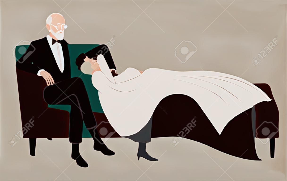 Kobieta leżąca na kanapie i Zygmunt Freud siedzący w fotelu obok niej i zadający pytania. Dialog między pacjentem a psychoanalitykiem. Psychoanaliza i psychoterapia. Płaska ilustracja wektorowa