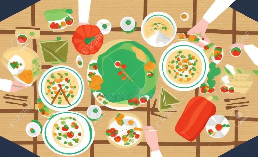 Thanksgiving festive dinner. Tasty traditional holiday meals lying on plates and hands of people eating them. Decorated table with delicious dishes, top view. Colored cartoon vector illustration