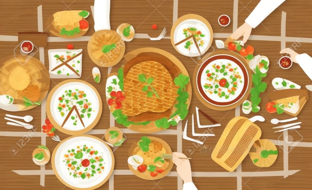 Thanksgiving festliches Abendessen. Leckere traditionelle Feiertagsmahlzeiten, die auf Tellern und Händen von Menschen liegen, die sie essen. Gedeckter Tisch mit leckeren Gerichten, Ansicht von oben. Farbige Cartoon-Vektor-Illustration