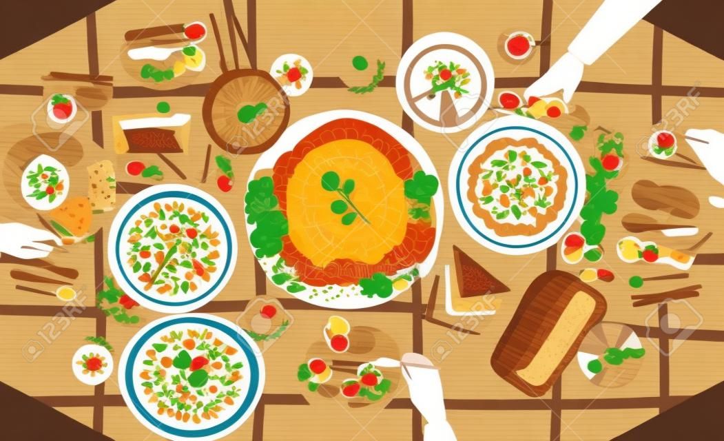 Thanksgiving festive dinner. Tasty traditional holiday meals lying on plates and hands of people eating them. Decorated table with delicious dishes, top view. Colored cartoon vector illustration