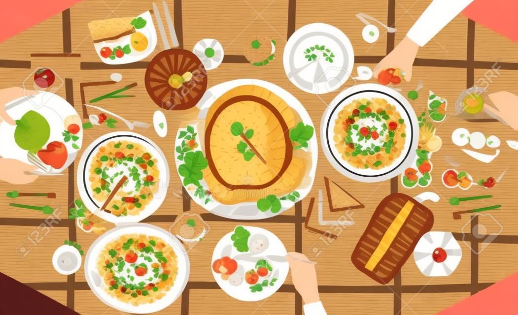 Uroczysta kolacja na Święto Dziękczynienia. Smaczne tradycyjne świąteczne posiłki leżące na talerzach i rękach jedzących je osób. Udekorowany stół z pysznymi daniami, widok z góry. Ilustracja wektorowa kolorowy kreskówka