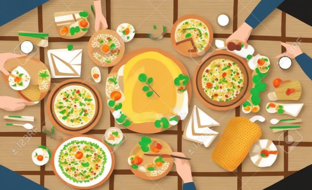 感謝祭のお祝いのディナー。おいしい伝統的な休日の食事は、それらを食べる人々の皿や手の上に横たわっている。美味しい料理と装飾されたテーブル、トップビュー。色付き漫画のベクトルイラスト
