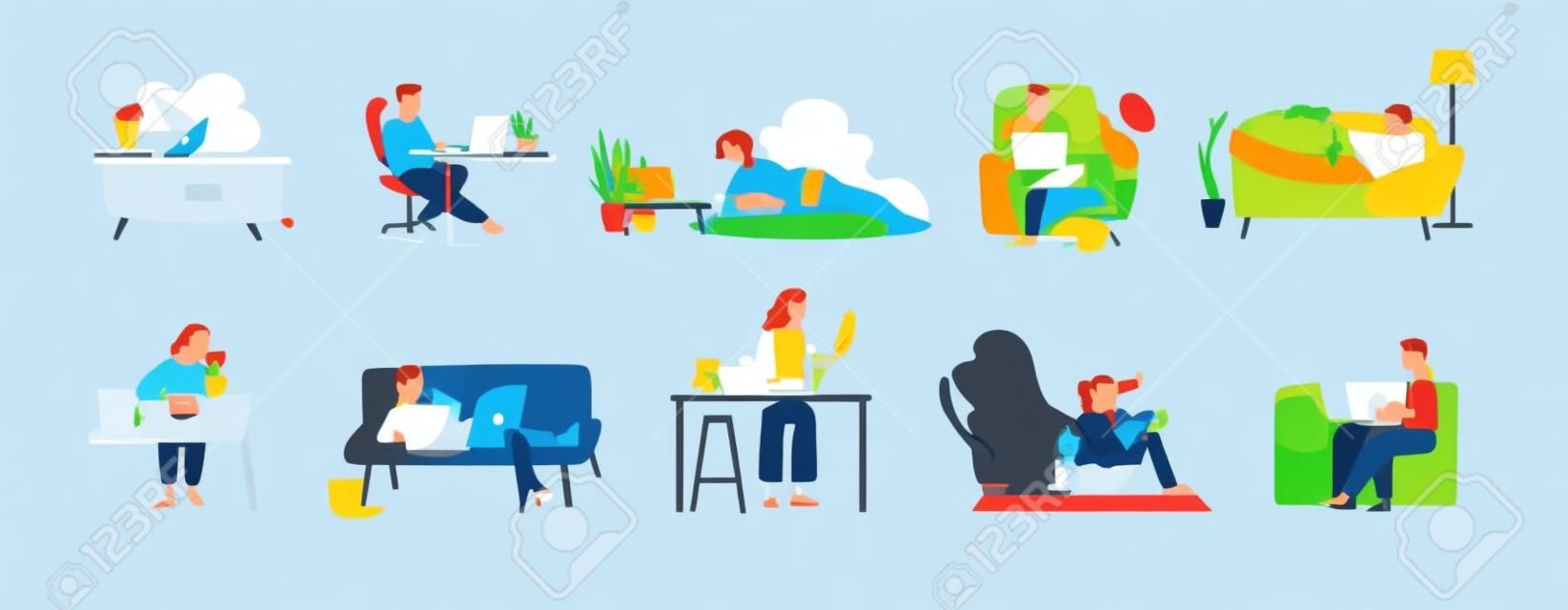 Raccolta di persone che navigano in Internet sui propri computer laptop e tablet. Insieme di uomini e donne che trascorrono del tempo online isolato su sfondo bianco. Illustrazione vettoriale colorato in stile cartone animato piatto