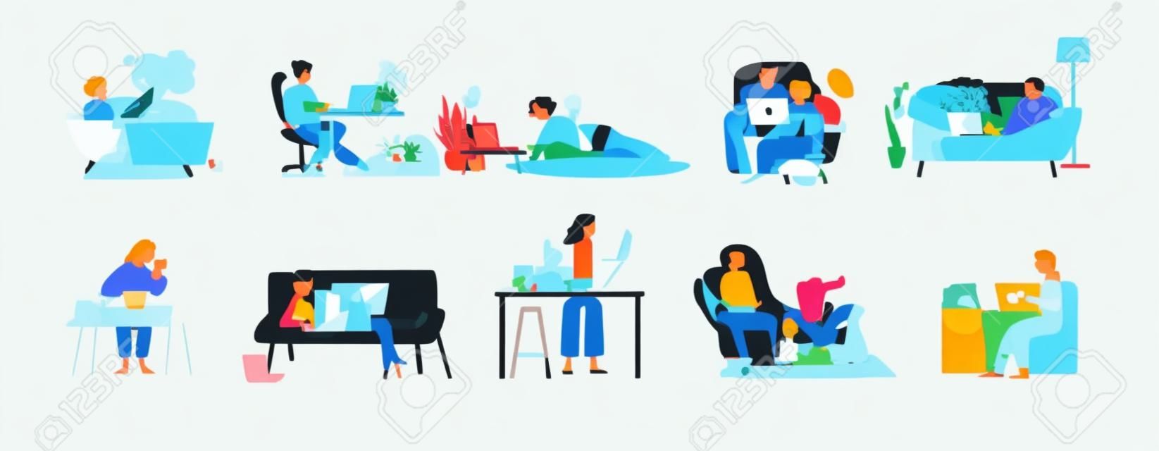 Collection of people surfing internet on their laptop and tablet computers. Set of men and women spending time online isolated on white background. Colorful vector illustration in flat cartoon style