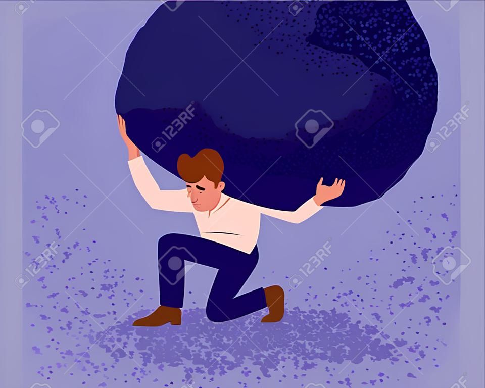 Unhappy man carrying giant heavy boulder or stone. Concept of overburdened person, guy overloaded with difficult problem or task, boy withstanding adverse conditions. Modern flat vector illustration.