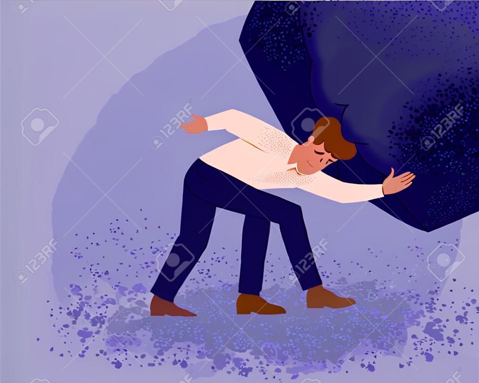 Unhappy man carrying giant heavy boulder or stone. Concept of overburdened person, guy overloaded with difficult problem or task, boy withstanding adverse conditions. Modern flat vector illustration.