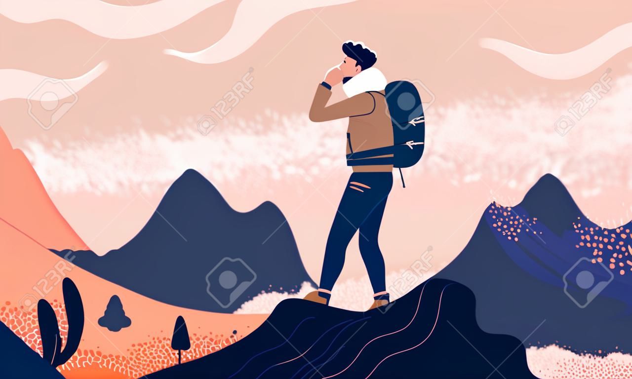 Man with backpack, traveller or explorer standing on top of mountain or cliff and looking on valley. Concept of discovery, exploration, hiking, adventure tourism and travel. Flat vector illustration