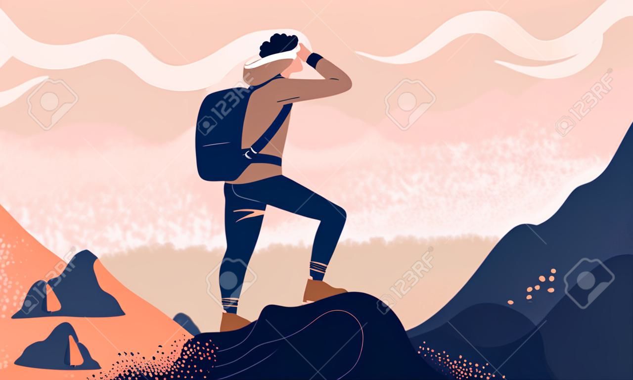 Man with backpack, traveller or explorer standing on top of mountain or cliff and looking on valley. Concept of discovery, exploration, hiking, adventure tourism and travel. Flat vector illustration