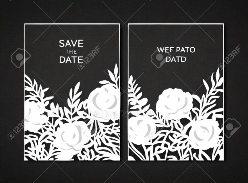 濃い背景に輪郭線で描かれた咲く庭の花の手で飾られた日付カードや結婚式の招待状を保存するための花のテンプレートのバンドル。リアルなベクトルのイラスト