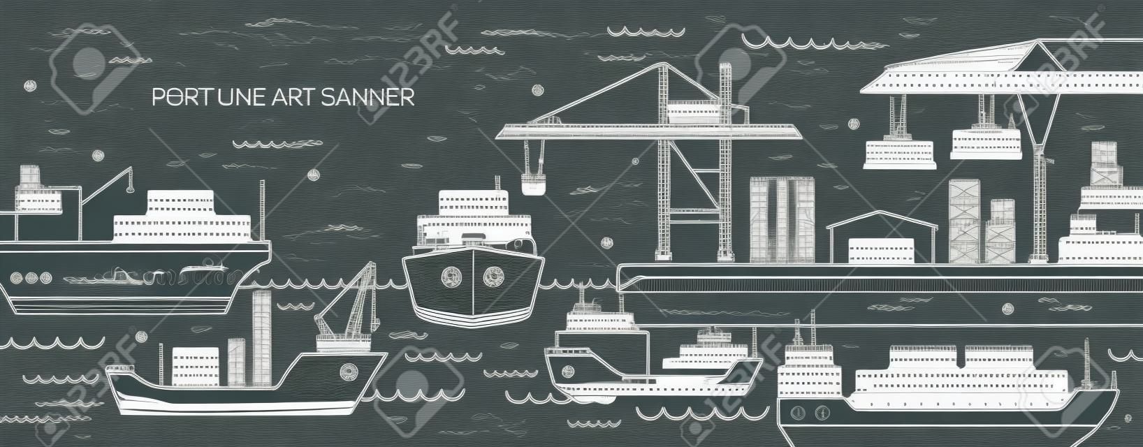 海港、海上貨物ターミナル、貨物船や輪郭線で描かれたコンテナを運ぶ船と水平バナー。海上輸送。直線スタイルのモノクロベクトルイラスト