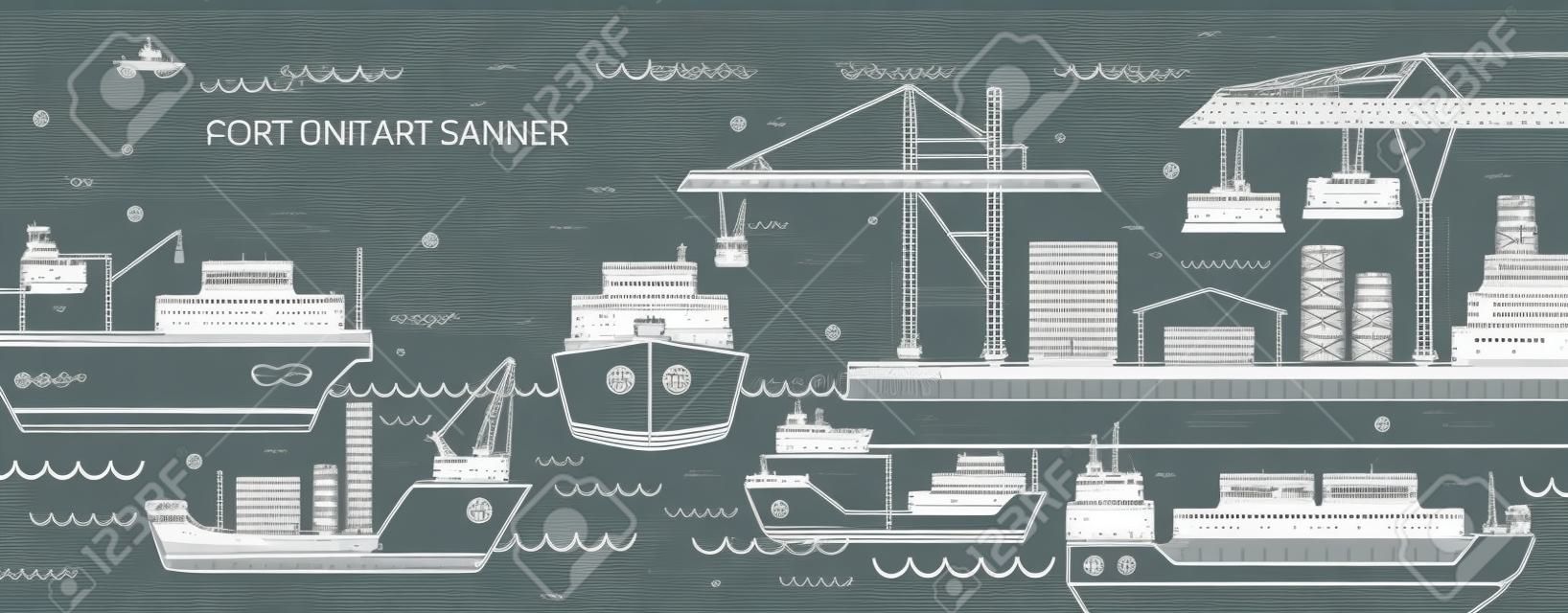 海港、海上貨物ターミナル、貨物船や輪郭線で描かれたコンテナを運ぶ船と水平バナー。海上輸送。直線スタイルのモノクロベクトルイラスト