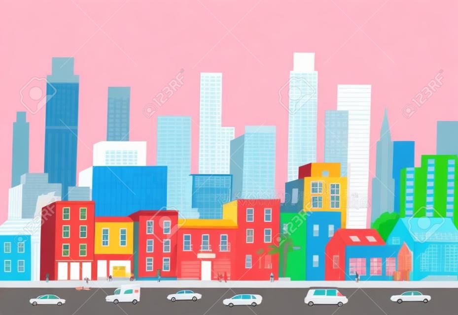 Vita metropolitana. Vista panoramica del centro moderno con edifici urbani, grattacieli, trasporti su strada e pedoni che camminano lungo il marciapiede. Illustrazione vettoriale colorato in stile cartone animato piatto