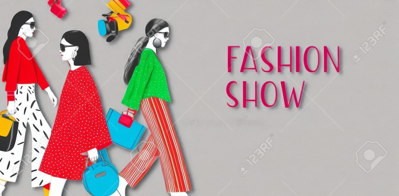 Banner template for fashion show with top models wearing trendy seasonal clothes walking along runway or doing catwalk. Colorful hand drawn vector illustration for event promotion, advertisement.