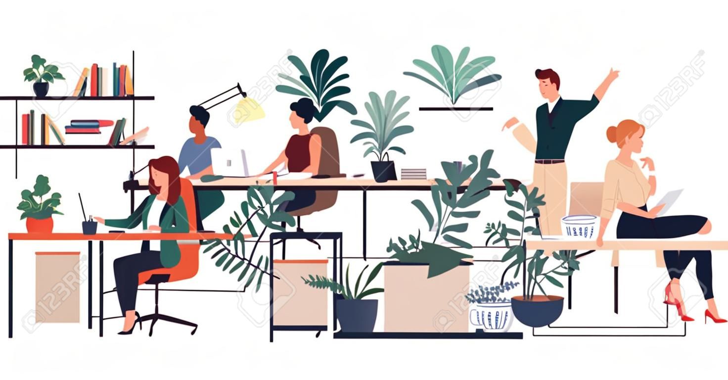 Illustrazione vettoriale piatta dell'ufficio verde. Il personale dell'azienda, i colleghi personaggi dei cartoni animati maschili e femminili. Posto di lavoro confortevole. L'intimità dell'ufficio, l'atmosfera domestica, l'ambiente aziendale.