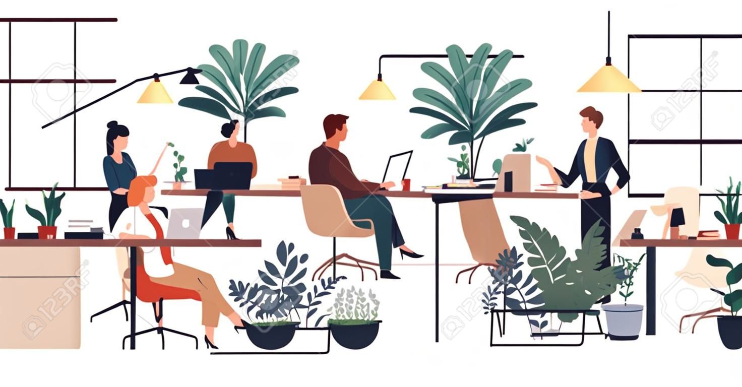 Green office flat vector illustration. Company staff, co-workers male and female cartoon characters. Comfortable workplace. Office coziness, domestic atmosphere, corporate environment.