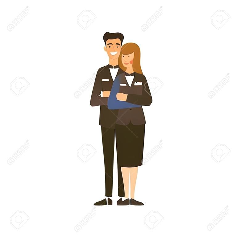 Personnel de l'hôtel souriant homme et femme de dessin animé isolé sur blanc. Caractère de gens sympathiques heureux en illustration vectorielle uniforme à plat. Employé du personnel d'exploitation masculin et féminin positif